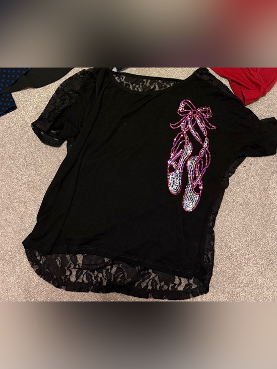 Tops - Black Lace Tee with Sequin Ballet Slipper Graphic